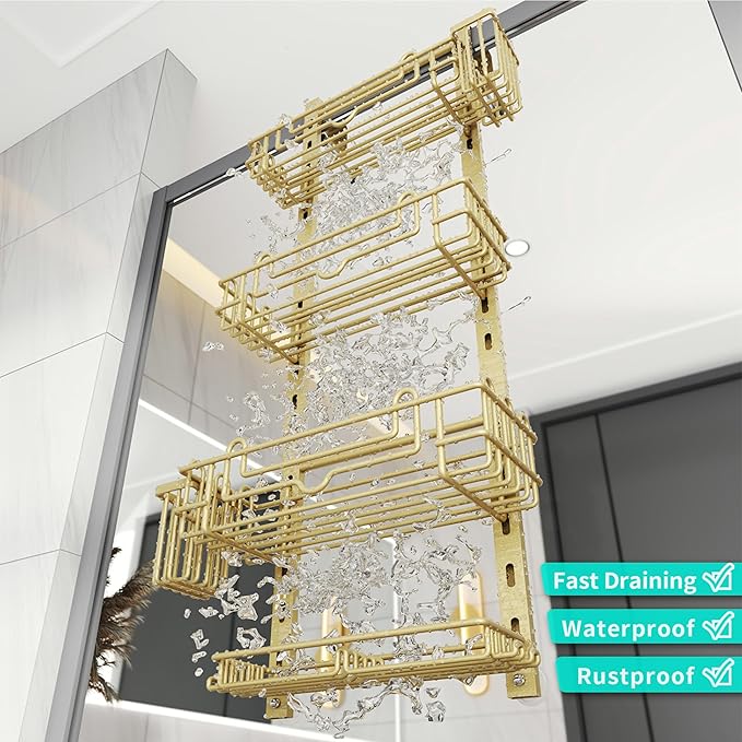 HapiRm Hanging Shower Caddy Organizer - Shower Shelf with 22 Hooks and 2 Toothbrush Holders, No Drilling Adjustable Hanging Bathroom Organizer - Gold