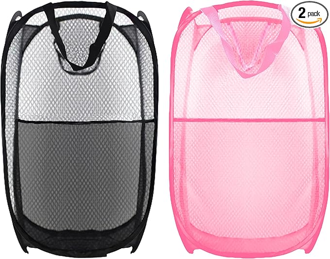 Collapsible Pop Up Laundry Hamper, Extra Large Mesh Foldable Laundry Basket Bag, 28" x 16" x 16", 2 Pack (Black + Pink)