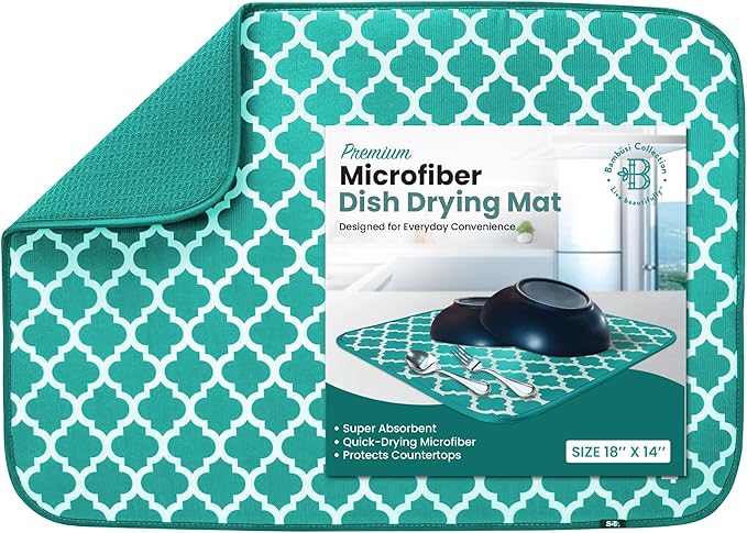 Dish Drying Mat - Microfiber Kitchen Counter Mat, Super Absorbent & Quick Dry Dish Drying Pad for Dishes, Utensils, Pots & Pans - Large Reversible Drying Mat for Kitchen Countertops, Coffee Bar, Green