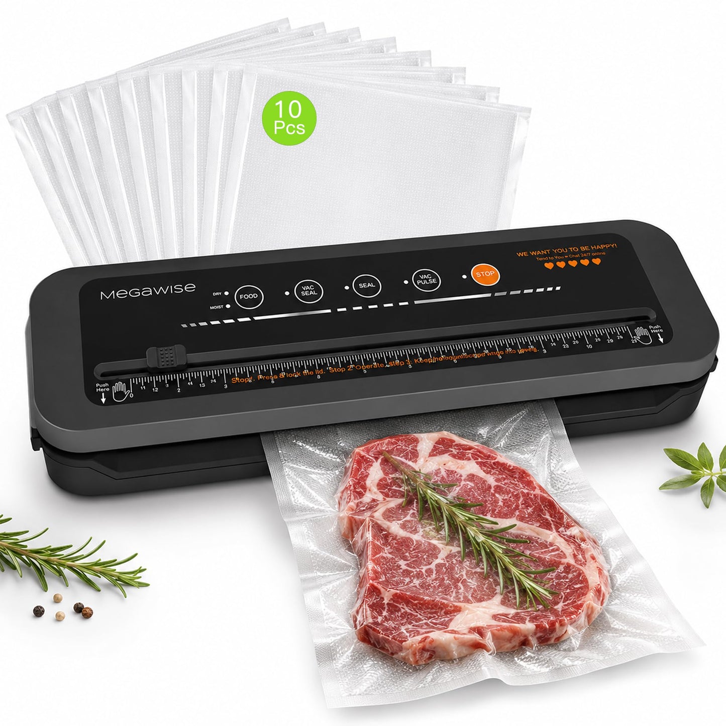 MEGAWISE Vacuum Sealer Machine, 80kPa, Built-In Cutter, Dry/Moist