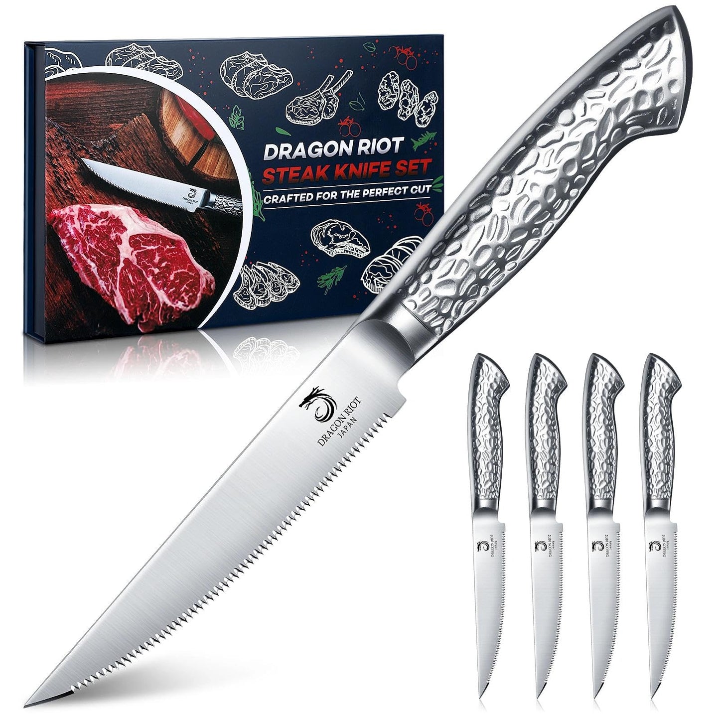 DRAGON RIOT 8-Piece Serrated Steak Knife Set, Stainless Steel
