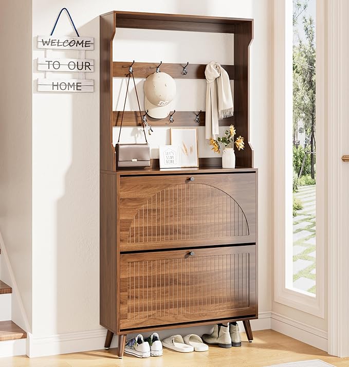 Shoe Cabinet for Entryway with 2 Flip Drawers & Coat Rack, Narrow Hidden Shoe Storage Cabinet with Fluted Panel, 2-in-1 Hall Tree Slim Freestanding Shoe Rack Organizer for Hallway, Walnut