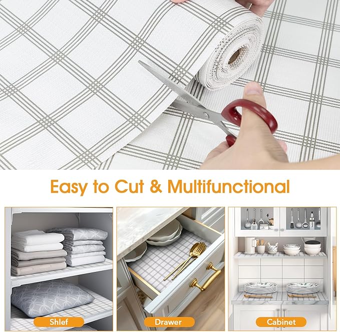 Shelf and Drawer Liner for Kitchen Cabinets Non-Adhesive, Strong Grip Non-Slip Thickened Cabinet Liners for Shelves, Waterproof Mats for Dresser Cupboard, White Square, 17 in x 20 Feet