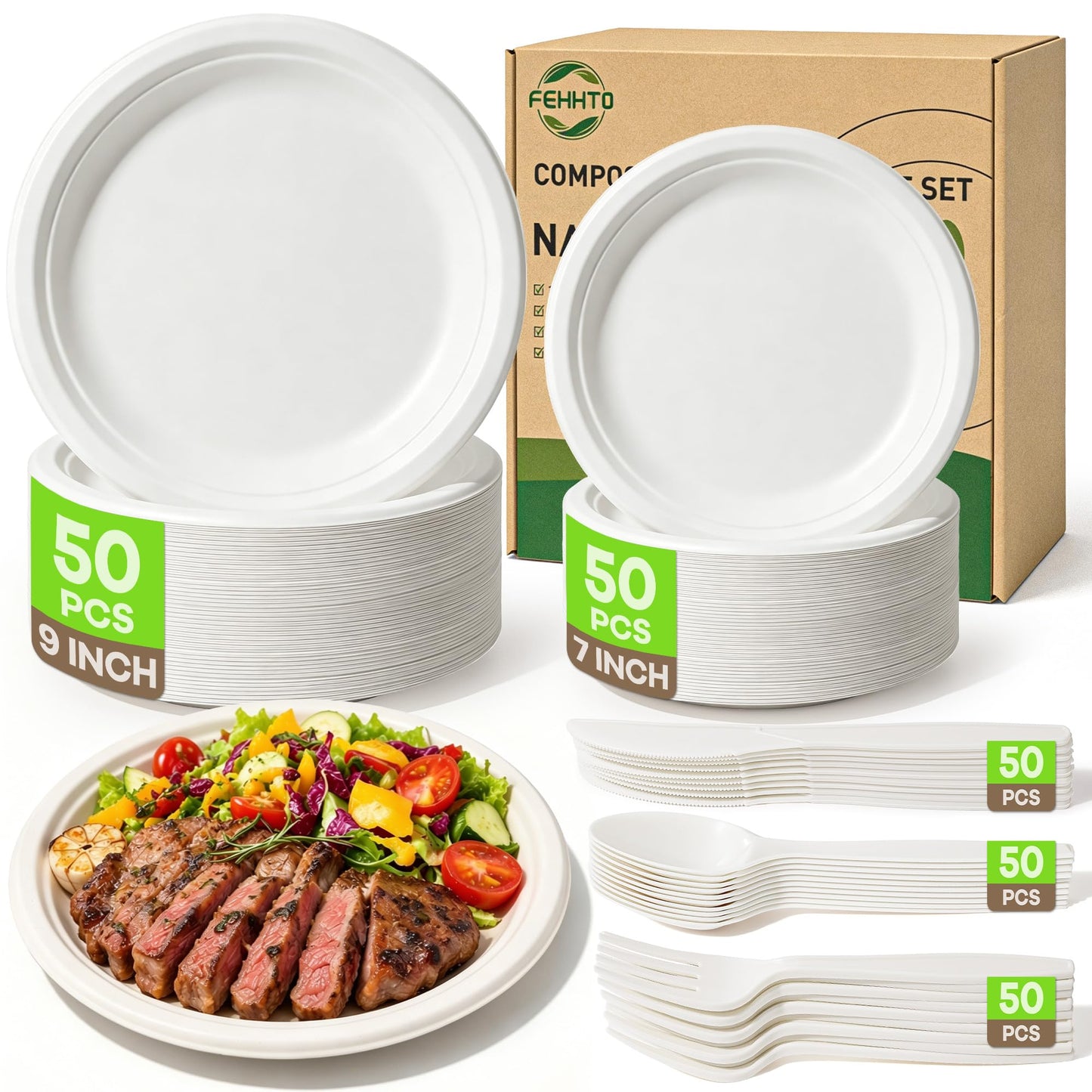 Compostable Paper Plates Set, 250PCS Disposable Heavy-Duty Sugarcane Plate