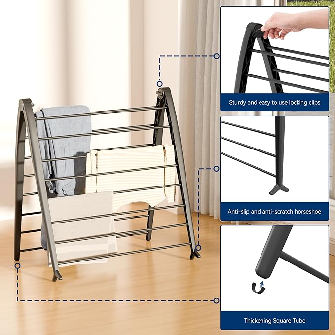 Whitmor Spacemaker Folding Drying Rack, Indoor Clothes Organizer with Patent-Pending Design, Space Saving, 6" L x 26" W x 51.5" H, Black