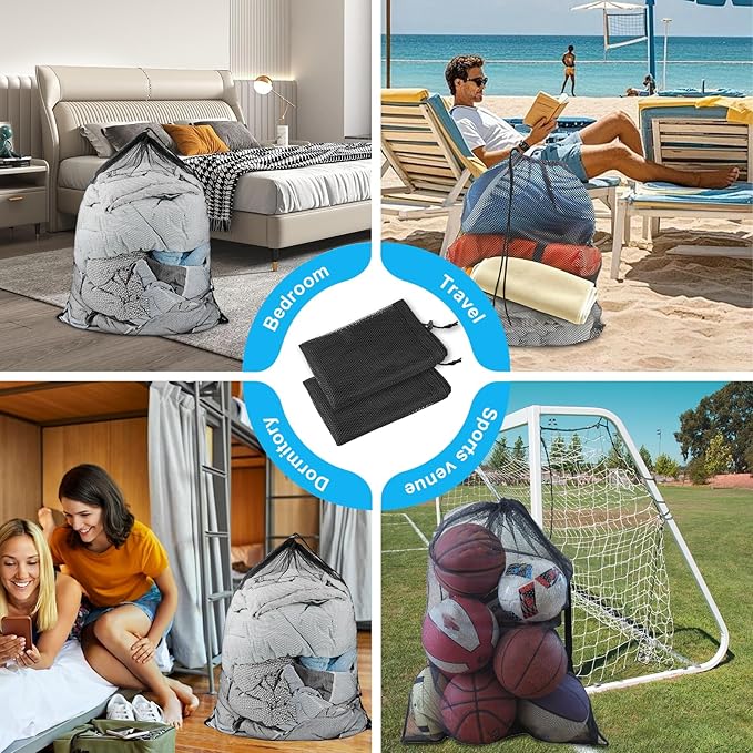 2 Pack Large Mesh Laundry Bags, 24" x 36" Heavy Duty Strong Drawstring Dirty Clothes Bags with Soft Breathable Net, Machine Washable Laundry Bag for College, Dorm, Camp, Travel and Family Use(Black)