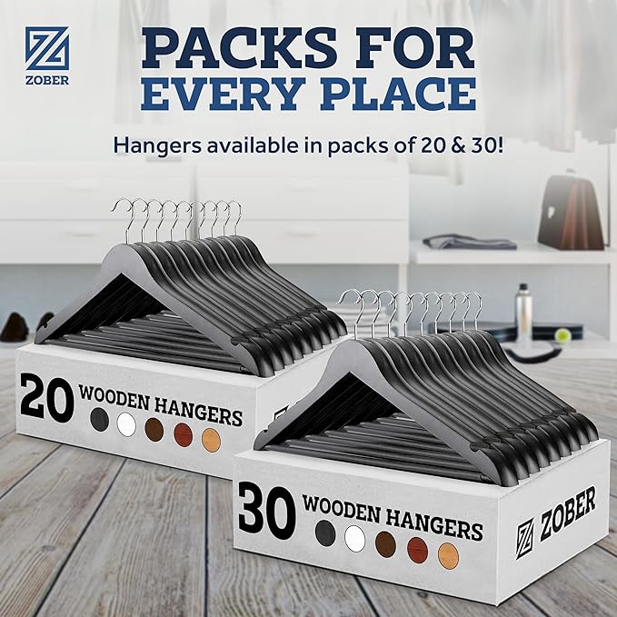 ZOBER Black Wooden Hangers - Heavy Duty, Non Slip Wood Hangers for Coats, Jackets, Suits, & Pants - Coat Hangers for Closet W/Bar and Notches 20 Pack