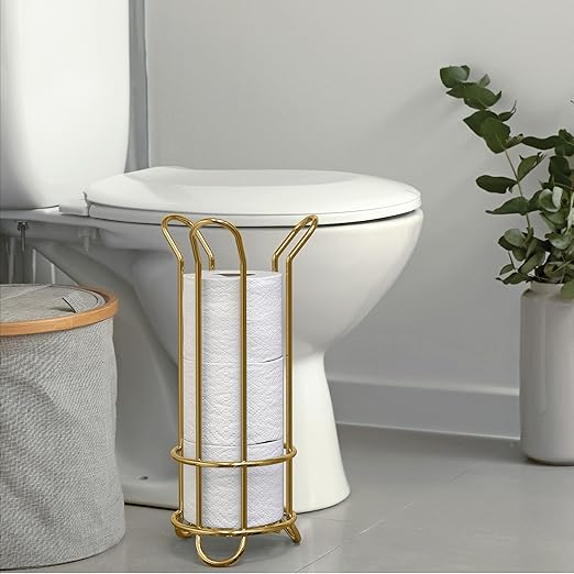 BROOKSTONE, Gold Toilet Paper Holder, Freestanding Bathroom Tissue Organizer, Minimalistic Storage Solution, Stylish Design [Holds MEGA Rolls]
