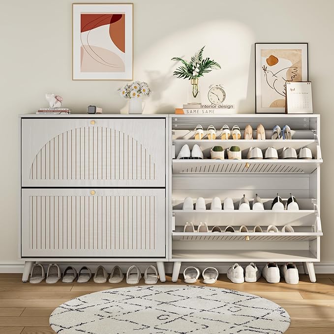 Shoe Storage Cabinet for Entryway with 2 Flip Drawers, Narrow Wood Shoe Cabinet with Fluted Panel, Freestanding Hidden Shoe Organizer for Foyer, Hallway (White - with Shelf)