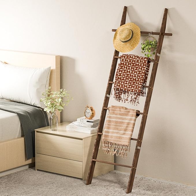 Farmhouse 6 Ft Wooden Blanket Ladder with Removable Hooks, 6-Tier Rustic Blanket Rack Decorative Stand, Leaning Towel Quilt Rack Holder for Bathroom Living Room Decor Brown