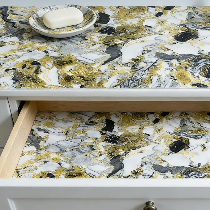 Drawer and Shelf Liner - Yellow Black Marble Pattern,Non Adhesive Non Slip Waterproof Easy-Clean Liner for Kitchen Cabinet, Refrigerator, Bathroom, Pantry Storage Drawers, 17 in x 20 Ft