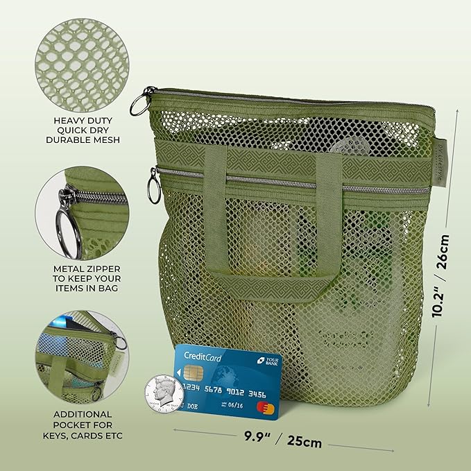 Mesh Shower Bag 10.2x9.9'' Quick-Dry Caddy with Zipper & 2 Pockets. Portable Toiletry Tote for Bathroom, Gym, Travel, Camp, Beach, for Sunscreen, Dorm & College Essentials (Olive Green)