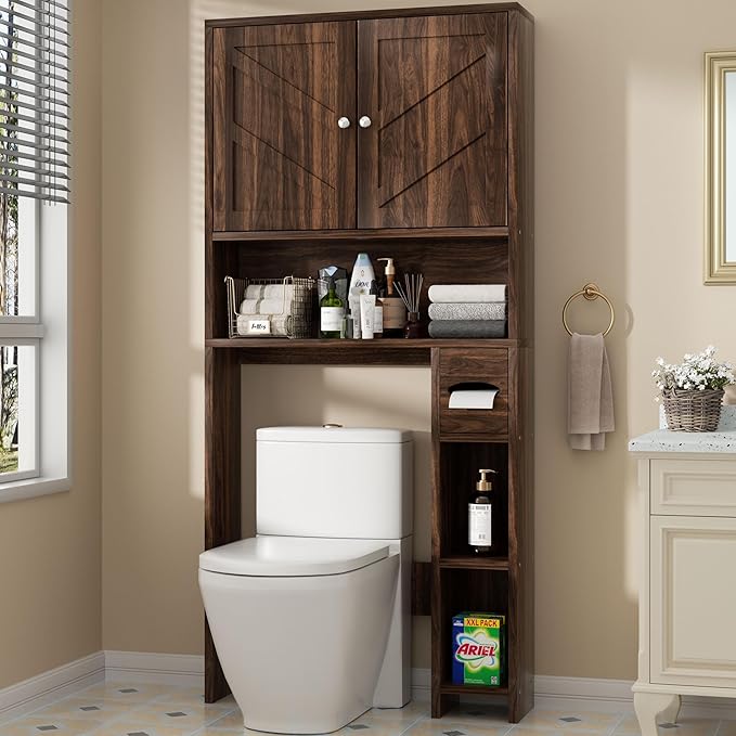 Shintenchi Over The Toilet Storage Cabinet, Bathroom Storage Cabient with Barn Doors, Bathroom Storage Shelf Organizer with Toilet Paper Holder, Adjustable Shelf and Anti-Tip Device, Walnut