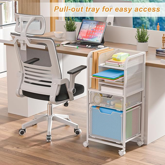 Rolling File Cart with 2 Drawers, White File Cabinet Organizer for Hanging File Folders, Letter-Size File Storage with Wheels, Multi-Layer Mobile Filing Cabinet for Office and Home, White