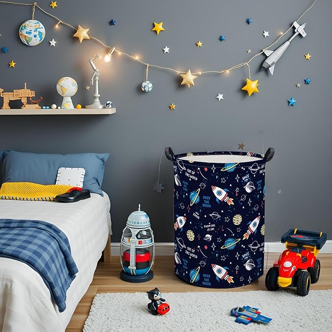 HIYAGON Kids Laundry Basket Baby Hamper for Nursery Boys Kids Hamper Cute Kids Toys Storage Bin Organizer Butterfly Room Decor for Home(Rocket Planet)