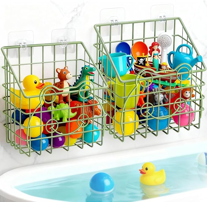 2 PackBath Toy Organizer, Wall Mounted Shower Storage Basket - Metal Bathtub Toy Holder with Hooks for Sorting Kids Toys, Baby Bath Accessories, Toiletries & Shampoo（Green frog）