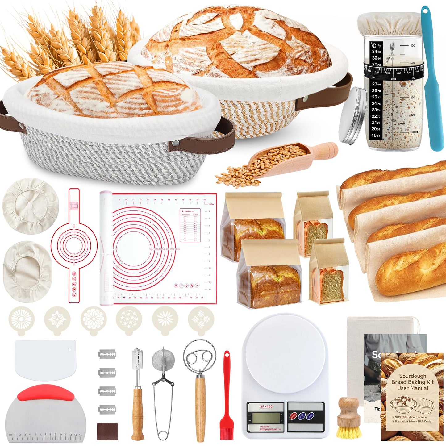 PeacePeo Sourdough Starter Kit 27Pcs with Round and Oval Banneton Basket
