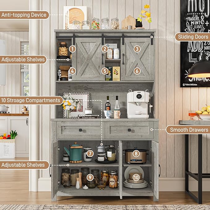 Befrases 67.7 Inch Farmhouse Pantry Storage Cabinet with Sliding Barn Doors, 2 Drawer Farmhouse Coffee Cabinet with Adjustable Shelf, Side Board with Buffet Cupboard Livingroom Kitchen, Grey
