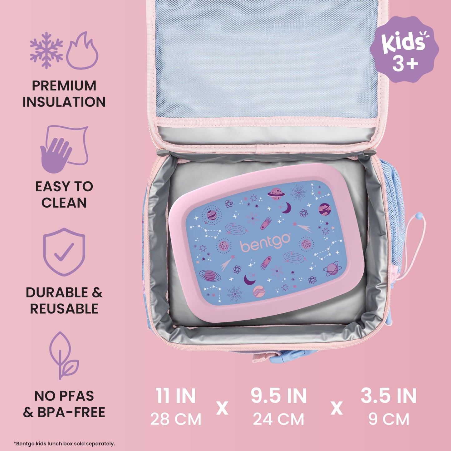 Bentgo Kids Lunch Bag - Double-Insulated, Reusable Lunch Bag for Kids 3+ with Adjustable Strap; Holds Lunch Box/Water Bottle/Snacks; Easy-Clean, Water-Resistant & Pockets (Glitter - Petal Pink)