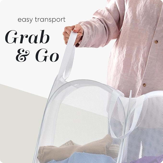 Handy Laundry Mesh Popup Hamper - Two Compartments, Collapsible for Storage and Easy to Open. Folding Pop-Up Clothes are Great for The Kids Room, College Dorm or Travel. (White)