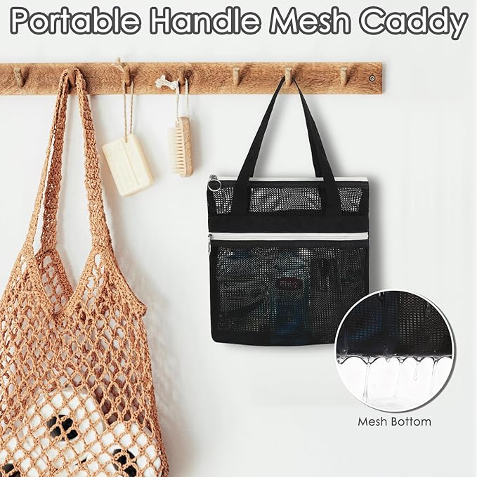 Mesh Shower Caddy Portable Shower Bag for Travel, Gym, Camping – Quick-Dry Hanging Toiletry Organizer with Zipper Pockets for Bathroom Essentials,Black