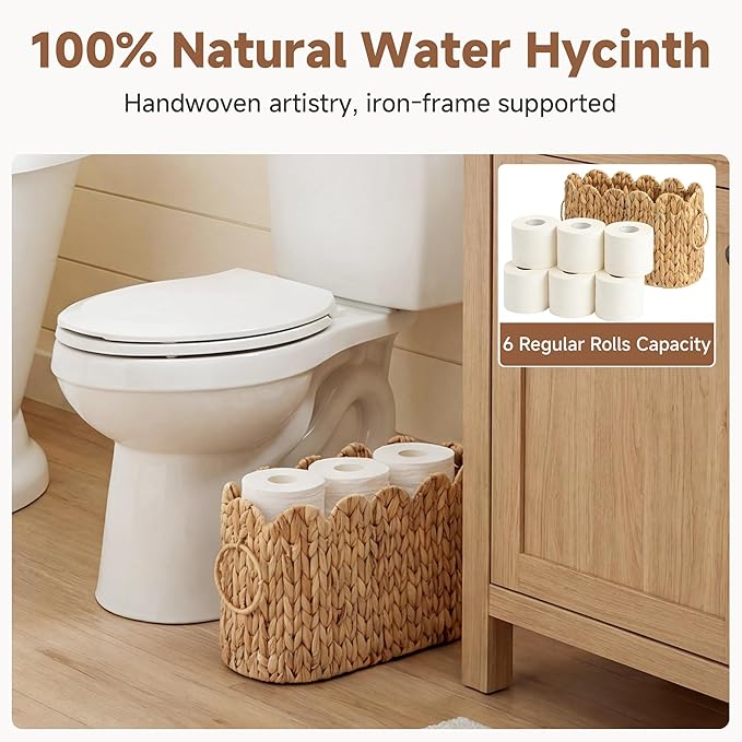 StorageWorks Scalloped Bathroom Toilet Paper Storage Holder, Wicker Toilet Paper Basket for 6 Regular Rolls, Slim Scalloped Basket Organizer with Handles, Water Hyacinth Storage Baskets for Bathroom