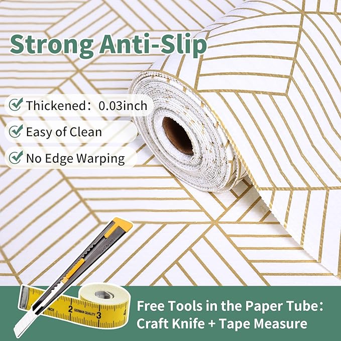 Shelf Liners for Kitchen Cabinets 17.5in x 20FT, Non Adhesive Cabinet Liner Strong Non-Slip Thickened Gold Geometric Drawer Liner, Easy to Clean for Shelf, Cabinet with Knife and Tape Measure