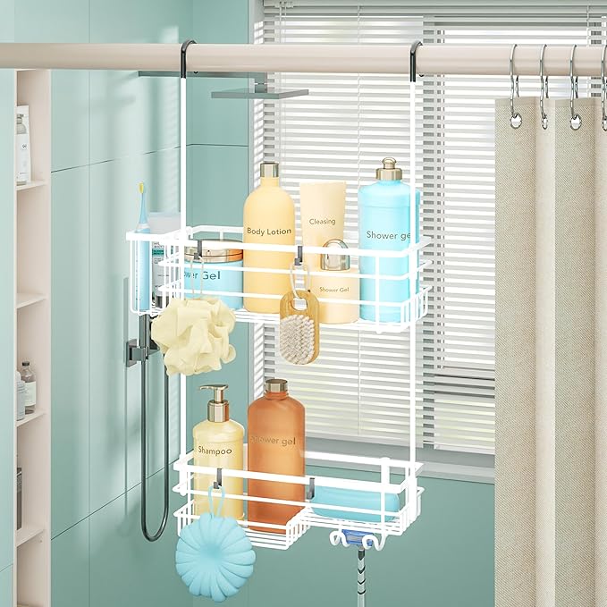 HapiRm Hanging Shower Caddy Organizer - No Drilling Shower Shelves with Hooks and Toothbrush Holder, Rustproof 304 Stainless Steel Bathroom Organizer - White