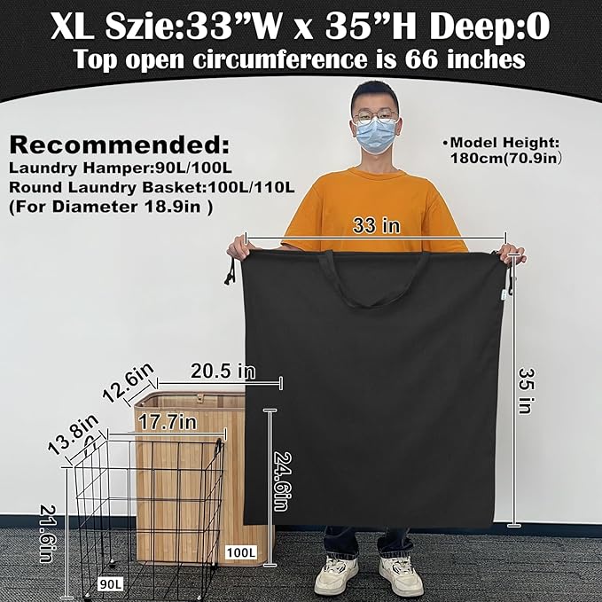 Canvas Laundry Bag 33"Wx 35"H, Thick Canvas Laundry Bag with Handles & Drawstring, Extra Large Heavy Duty Washable Basket Liner Hamper Liner Storage Sack (XL Black)
