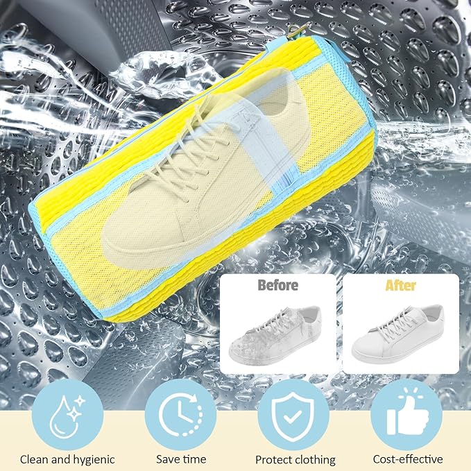 Shoe Washing Machine Bag,2 Pcs Shoe Washing Bag for Dryer & Washer, Reusable Laundry Shoe Bag for All Shoes Sizes, Independent Insole Compartment With Side Mesh (Yellow)