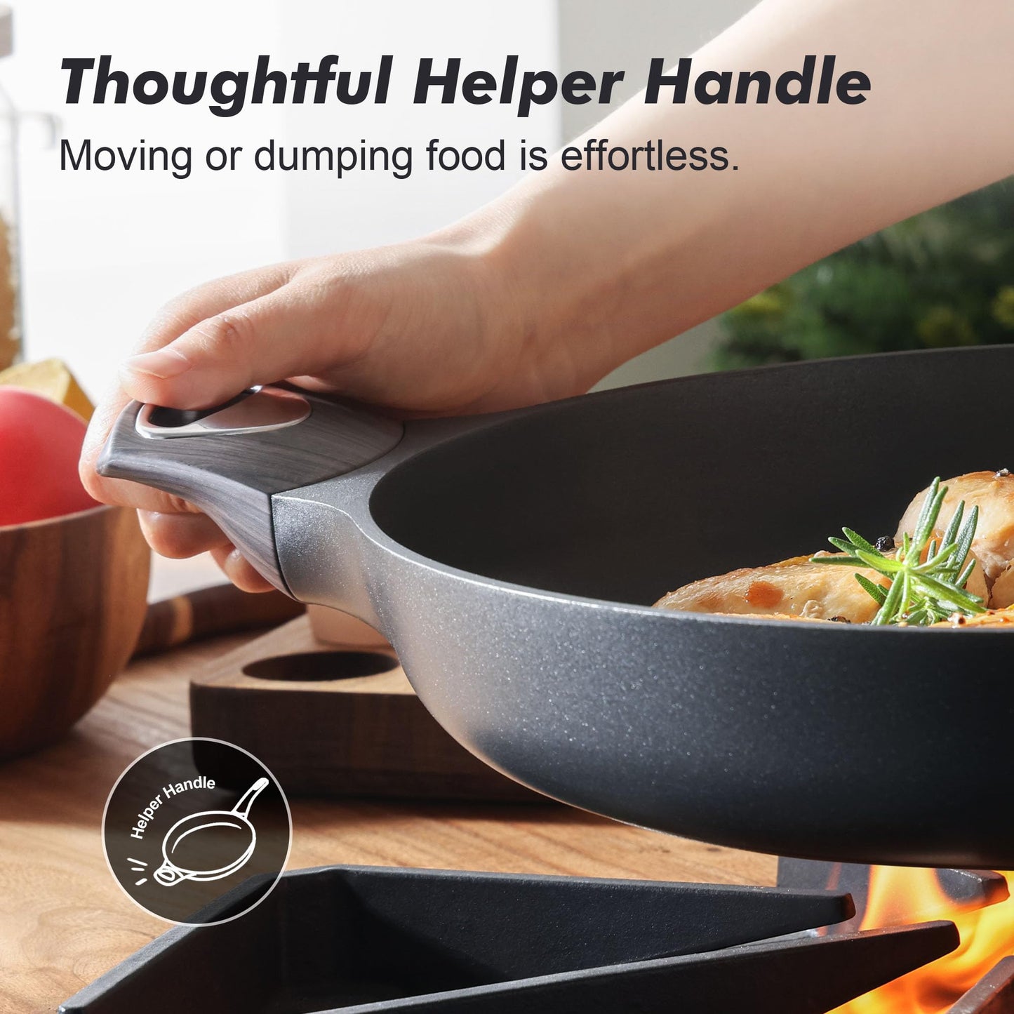 SENSARTE 9.5inch Ceramic Nonstick Frying Pan Paella Pan with Lid, Taupe