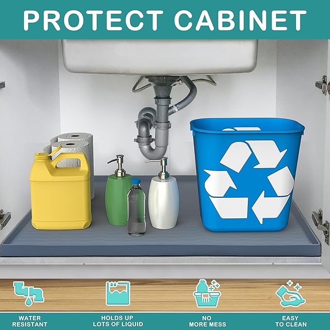 URMONA Waterproof Silicone Under Sink Mat 31'' x 22'' Shelf Liner for Kitchen and Bathroom, Cabinet and Counter Protector, Storage and Organizers, Litter Mat, Pet Cat Puppy Essentials(Navy)