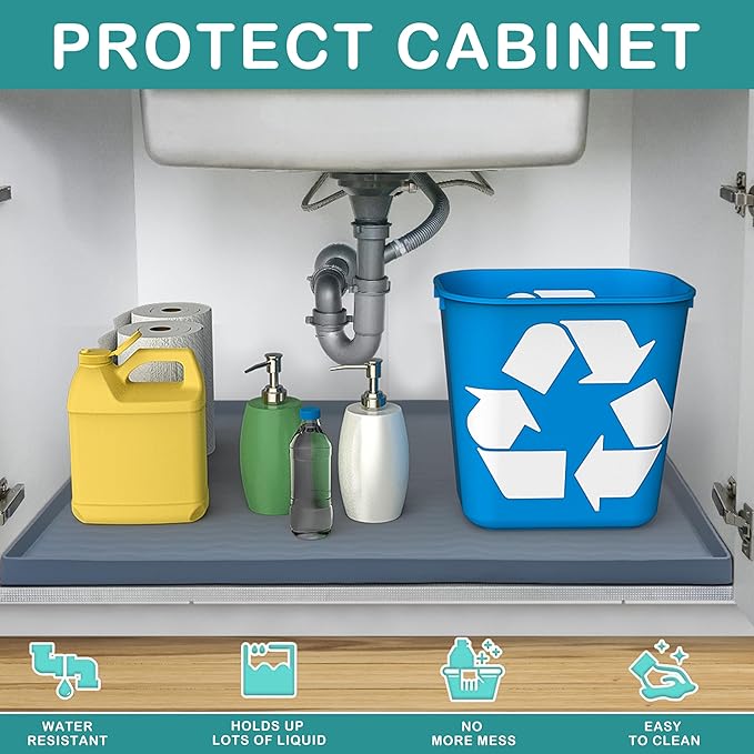 URMONA Waterproof Silicone Under Sink Mat 28'' x 22'' Shelf Liner for Kitchen and Bathroom, Cabinet and Counter Protector, Storage and Organizers, Litter Mat, Pet Cat Puppy Essentials(Brown)