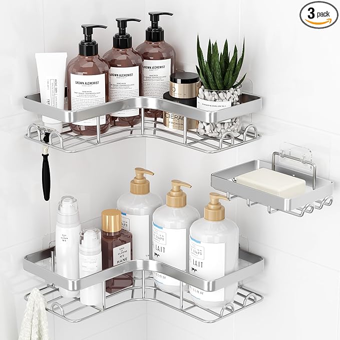 Corner Shower Caddy - 3-Pack Shower Organizer with Soap Holder & Built-In Hooks, Rustproof Metal Shower Shelves, Laundry, Kitchen, Bathroom Organizers and Storage Solution, Large, Silver