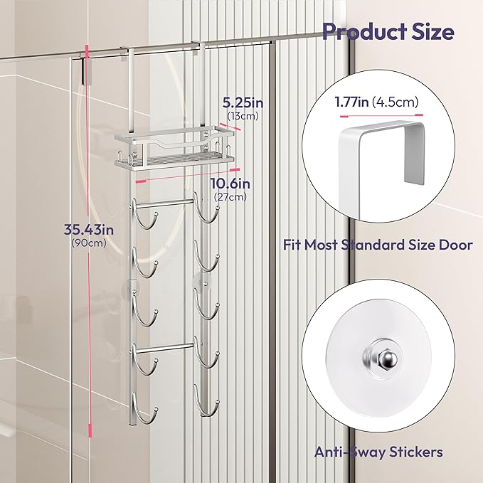 SWTYMIKI Over The Door Towel Rack - 6 Tier Towel Racks for Bathroom Wall Mounted, Towel Holder with Shelf, Hanging Rolled Towel Storage Organizer for Small Bathroom, Camper, RV, Sliver
