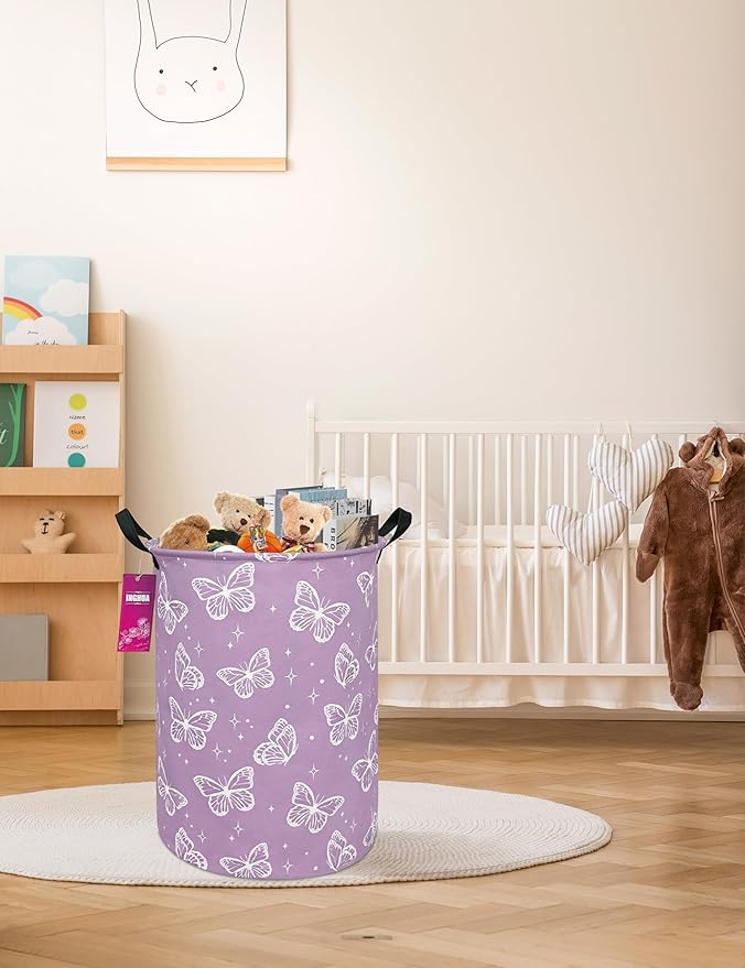 Laundry Hamper Large Canvas Fabric Lightweight Storage Basket/Toy Organizer/Dirty Clothes Collapsible Waterproof for College Dorms, Boys and Girls Bedroom,Bathroom(butterfly)