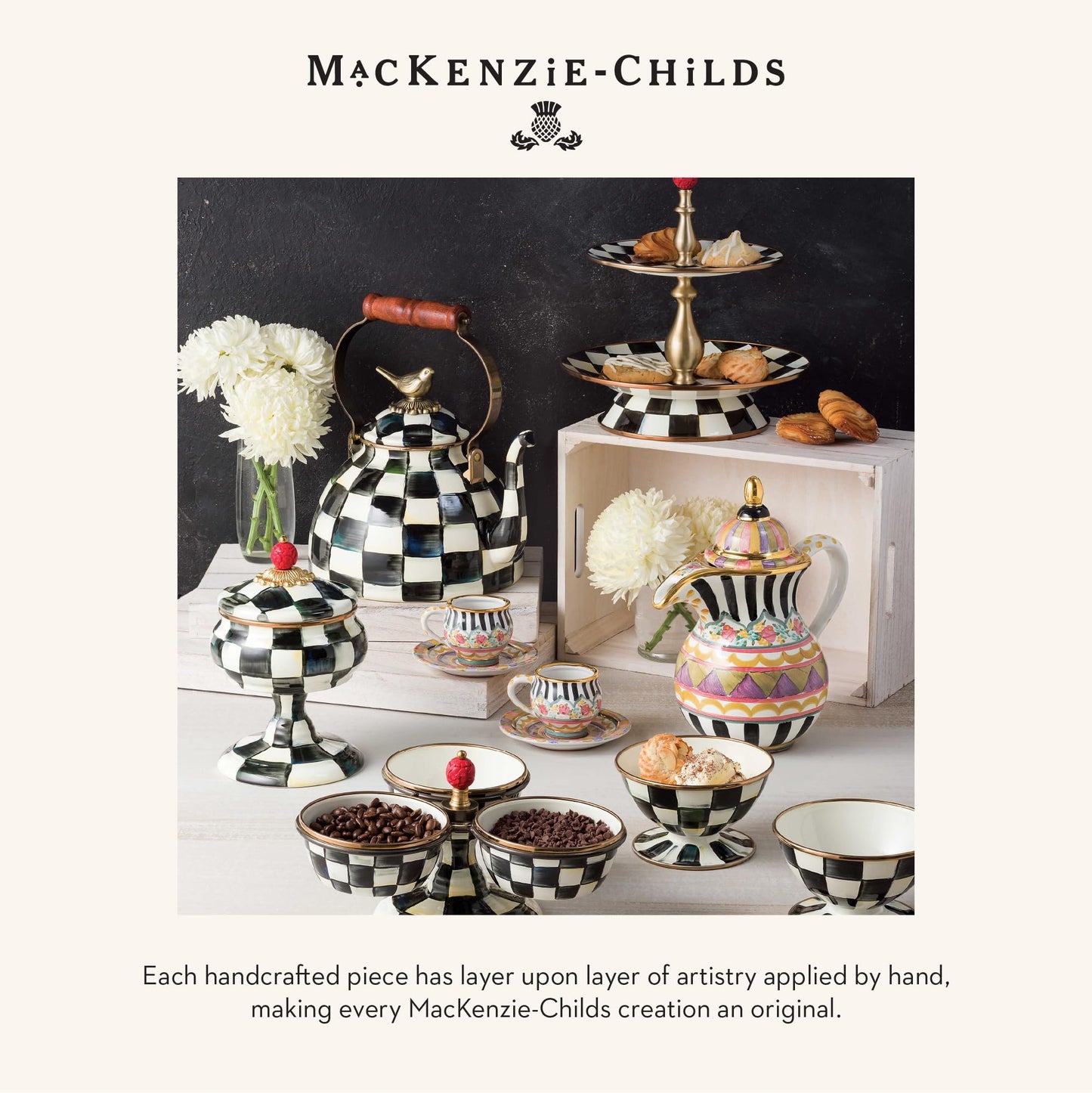 MACKENZIE-CHILDS Supper Club 3-Piece Place Setting, Fork, Spoon, and Knife Dinner Flatware Set, Black-and-White Courtly Check