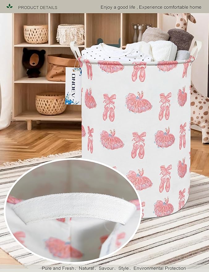 Round waterproof laundry basket,foldable storage basket,laundry Hampers with handle,gift basket,suitable for children's room and toy storage (Pink lace dance shoes)