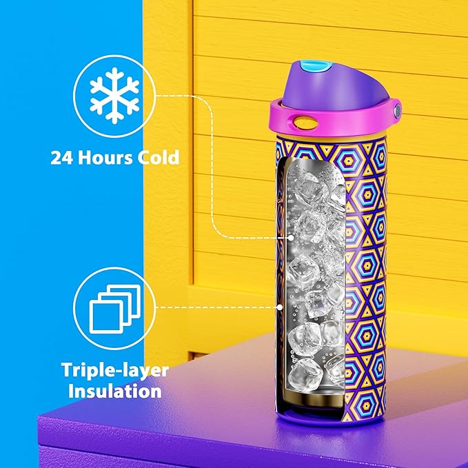 24 oz Insulated Water Bottle for Women: Meoky Stainless Steel Water Bottle with Holder and Shoulder Strap - Leak Proof, Cold for 24 Hours, Protective Silicone Base, BPA-Free for Travel Gym, Neon Beat