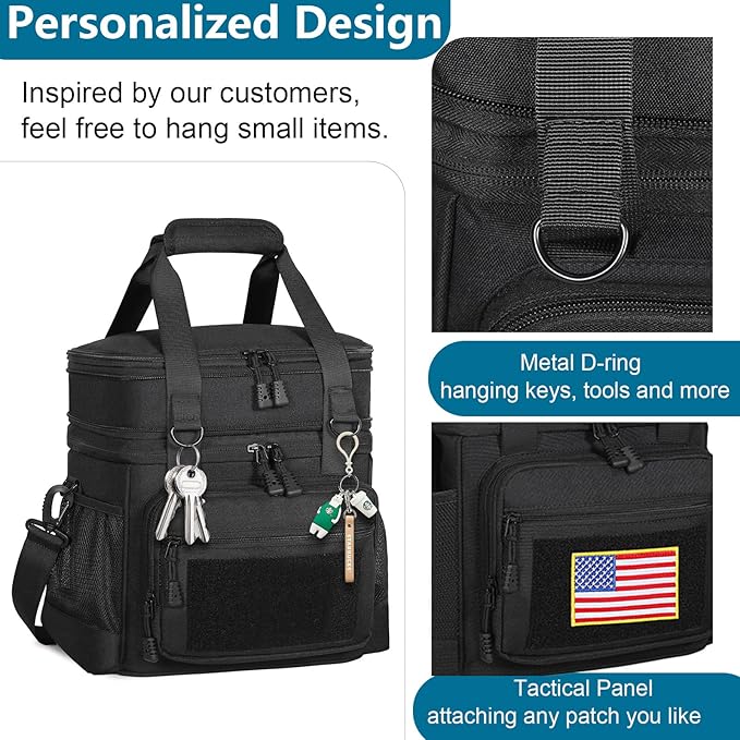 GLENKEY Double Deck Insulated Lunch Box, Expandable Large Lunch Bag Leakproof Cooler Bag Lunch Pail for Men Women Adults Work Shifts Travel Daytrip, Black