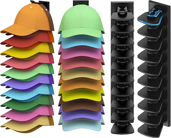 Hat Organizer for Baseball Caps, 2 Pack Hold Up to 40 Hats, Hat Rack for Wall Space Saving, Hat Hanger w/Strong Adhesive Hat Storage Holder Display for Closet Door and Wall (Black)