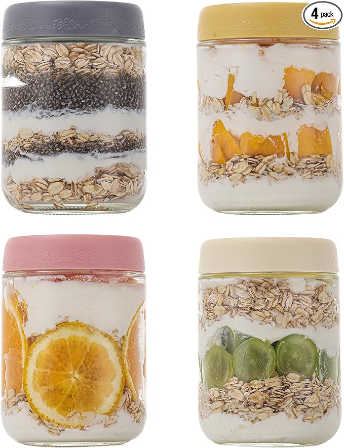 16 OZ 4Pack, Overnight Oats Jars with Lids, Glass Meal Prep Containers, Airtight Mason Jars for Breakfast, Yogurt Parfait, Salad & Smoothies, Leakproof and Reusable Food Storage Jars(4-2)