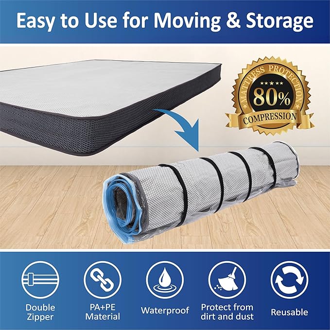 Storage Logic Queen/Full/Full-XL Foam Mattress Vacuum Bag with Blue Zipper, Mattress Storage Bag