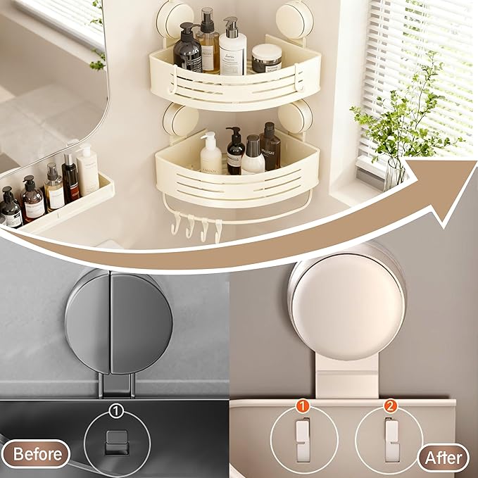 Corner Suction Cup Shower Caddy(2-Pack Cream White),No-Drilling Aluminum Shower Shelf with Towel Bar & Hooks,Removable Bathroom and Kitchen Storage Organizer