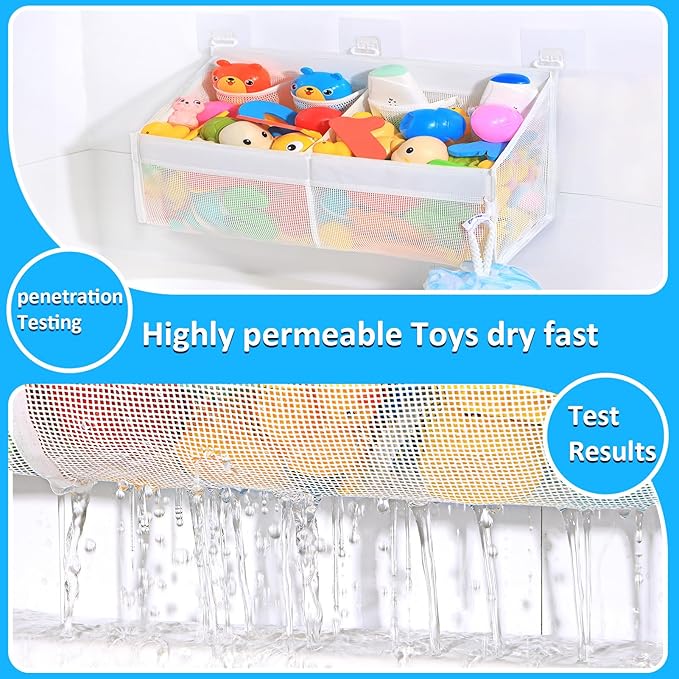 KPH Corner Bath Toy Organizer - Space-Saving 2-Compartment Bath Toy Storage, Mesh Bathroom Toy Holder for Kids, Durable Bathtub Organizer with Drain Holes