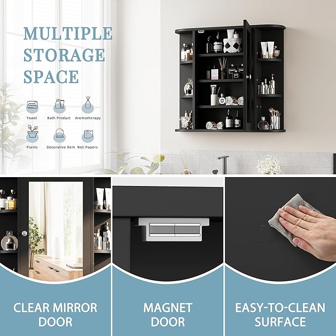 Shintenchi Bathroom Wall Cabinet with Mirror, Mounted Medicine Cabinets with 4 Internal and 6 Open Shelves, Mirrored Door Over The Toilet Storage, Black