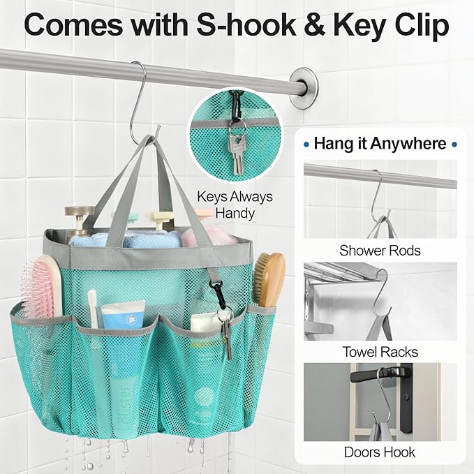F-color Mesh Shower Caddy Portable with Dividers - Upgrade Deeper 7 Pockets Dorm Room Essentials with S Hook, Shower Bag Basket Tote for Guys Girls College Camping Toiletry Bathroom, Mint Green