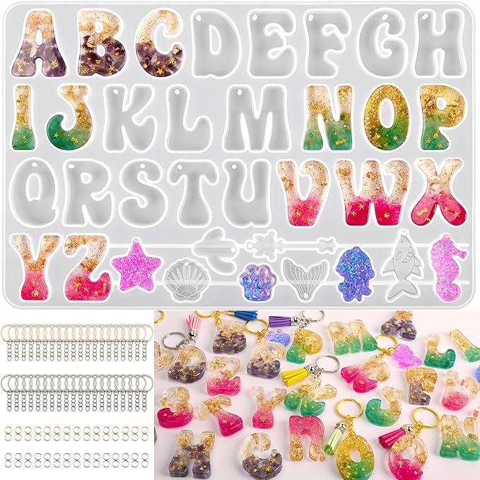 Actvty Alphabet Resin Mold, Reversed Alphabet Silicone Molds with Holes for Epoxy, Letter Molds for Resin DIY Keychain Jewelry Pendant