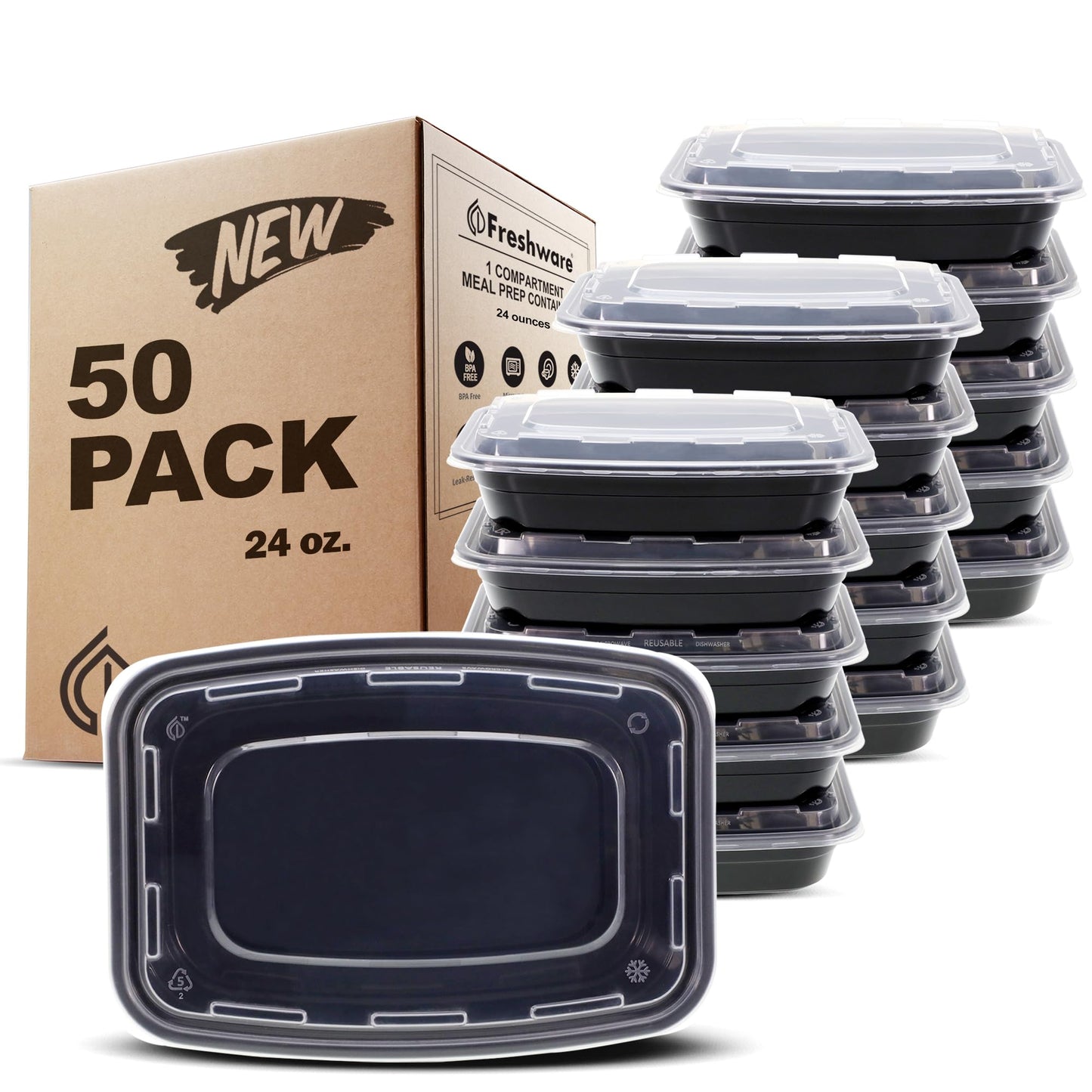 Freshware Meal Prep Containers [45 Pack] 1 Compartment with Lids, Food Storage Containers, Bento Box, BPA Free, Stackable, Microwave/Dishwasher/Freezer Safe (38 oz)