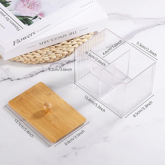 Ohlove Qtip Holder with Bamboo Lids, 3 Compartments Cotton Ball/Swabs Dispenser, Apothecary Jar Clear Plastic Bathroom Container for Storage and Organizer